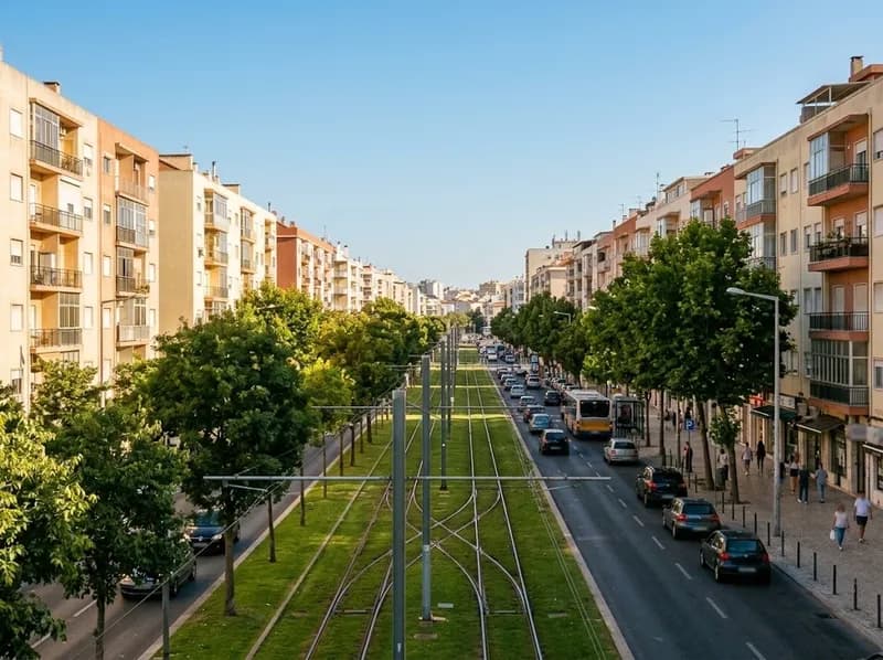 Avenida soalheira de Almada com carris do metro de superfície