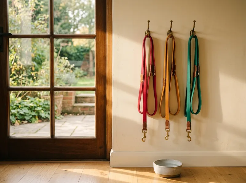 Trelas penduradas em ganchos junto à porta da clínica